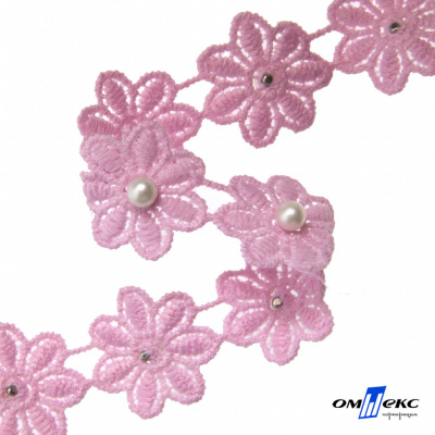 Тесьма вязанная "Цветок с бусиной" 93, шир. 29 мм/уп. 13,7+/-1 м, цвет розовый - купить в Тюмени. Цена: 1 084.20 руб.
