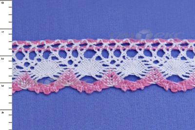 Тесьма плетеная кружевная "ЛЕН" 25мм/розовый-белый - купить в Тюмени. Цена: 26.41 руб.